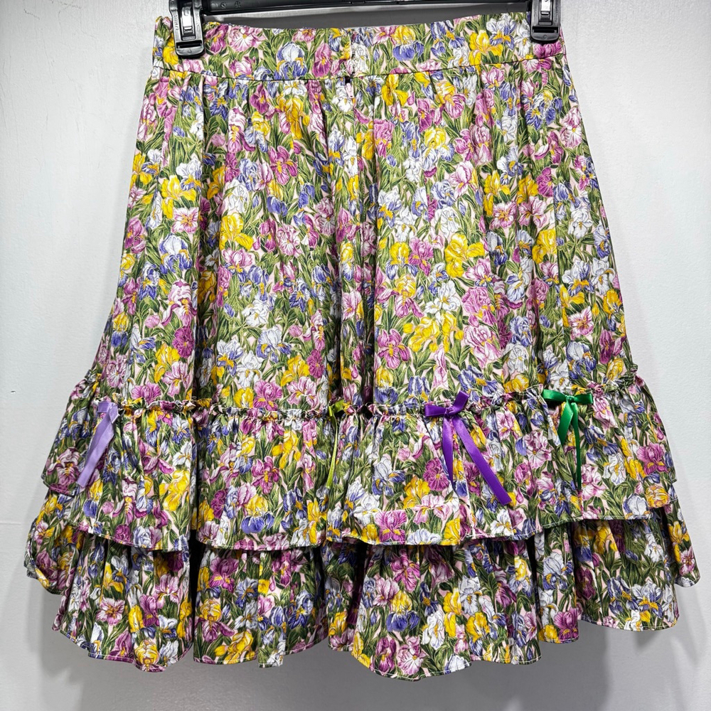 Vintage Handmade Skirt Floral Iris Ruffles Bows Feminine Twirly Girlhoodcore M-L - Picture 2 of 4